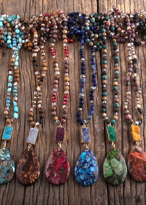 Boho Necklace, RH Agated Crystal Blue Oval Natural Stone